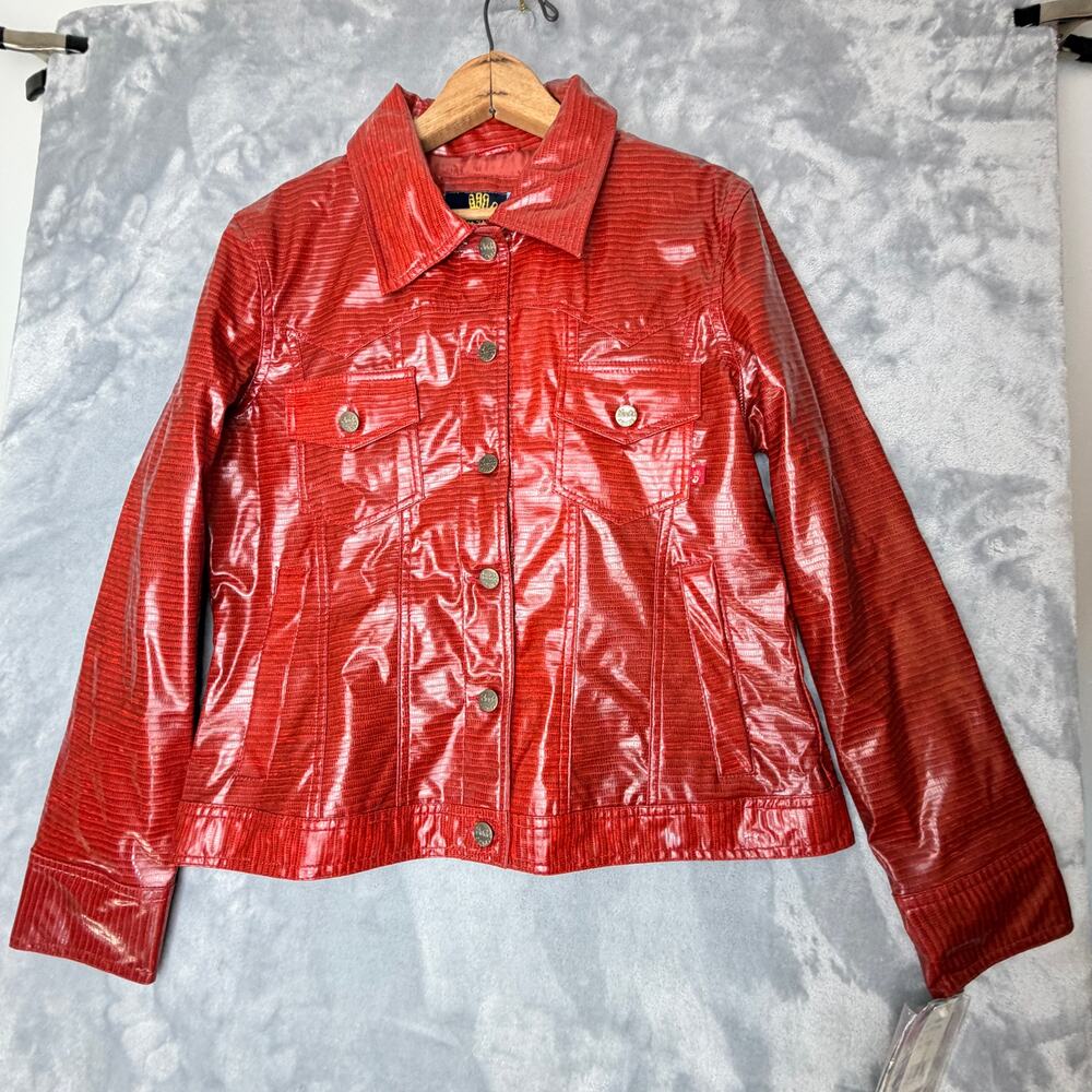 Mudd Operation‎ Authority Red Shiny Vinyl Trucker Jacket Womens L Snap Front Y2K